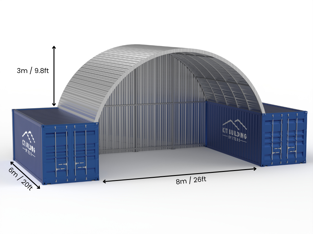 Portée de 8m (26ft) | Auvents en conteneur en acier 26ft de largeur, 10ft de hauteur (8m x 3m)