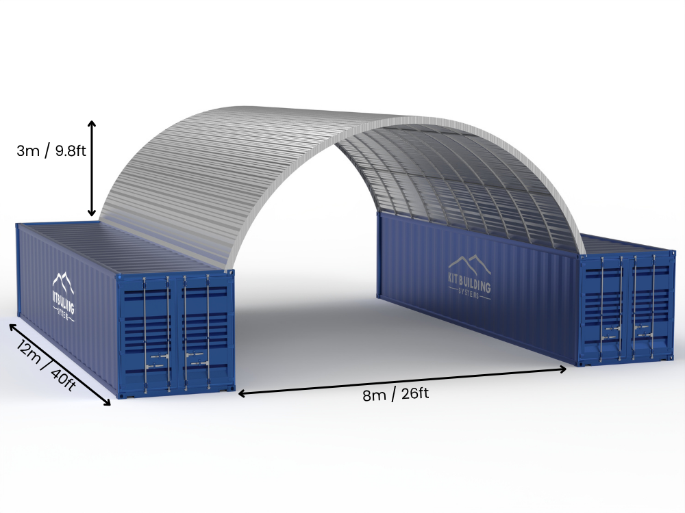 Portée de 8m (26ft) | Auvents en conteneur en acier 26ft de largeur, 10ft de hauteur (8m x 3m)