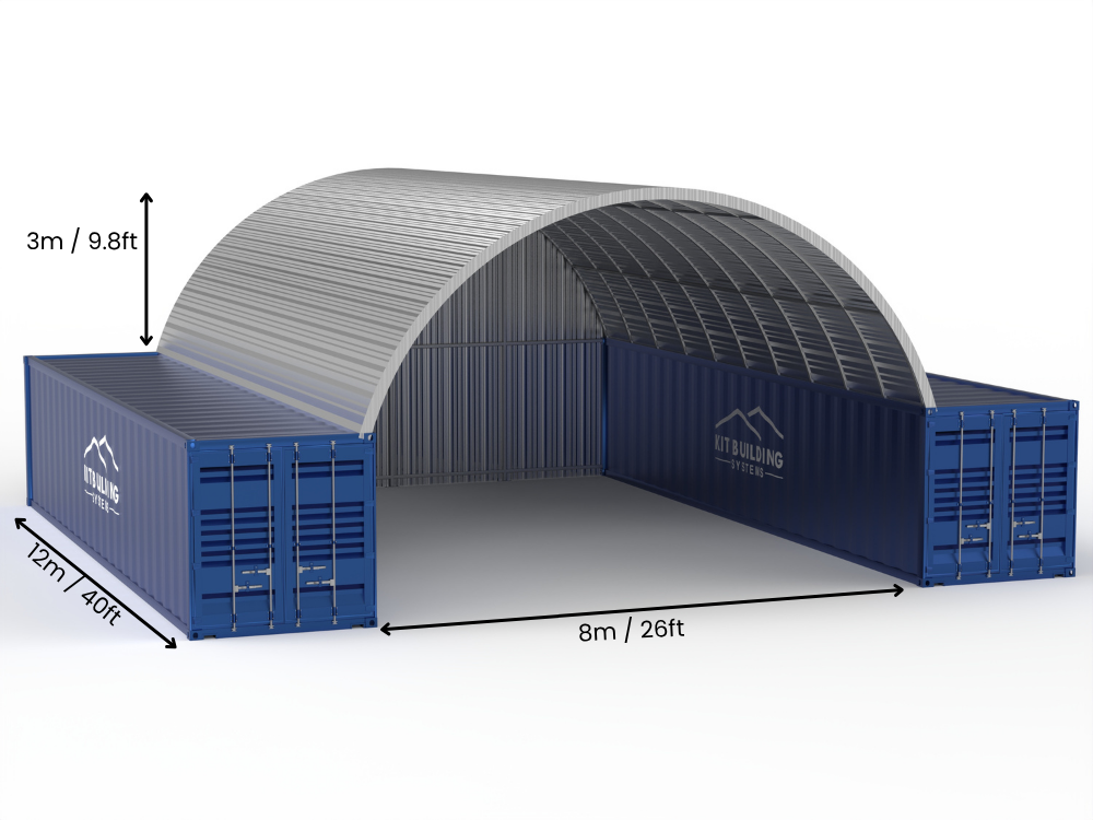 Portée de 8m (26ft) | Auvents en conteneur en acier 26ft de largeur, 10ft de hauteur (8m x 3m)